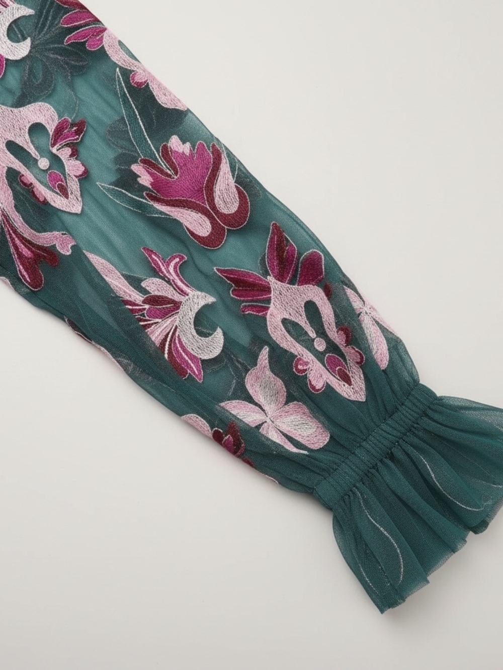 By Anthropologie Teal Embroidered Mesh Top Pink Flowers Metallic Thread XL - Picture 6 of 8